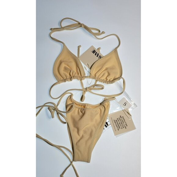 SAME Los Angeles Swim Bikini Set 2Pc TriangLe Top High Weist Bottom Beige SZ S - Picture 1 of 6
